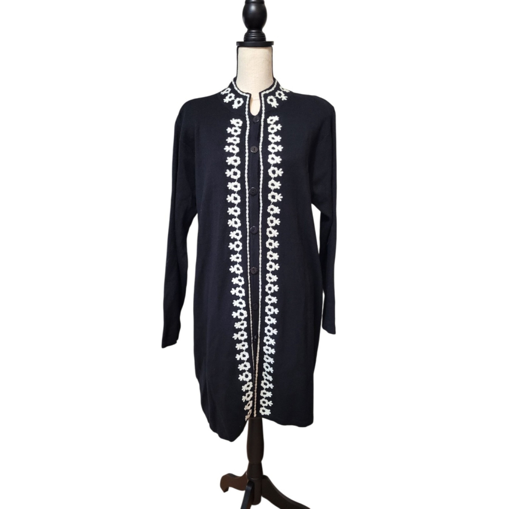 NWT Susan Graver Ramie Cotton Knit Cardigan Black White Floral Embroidery 1X